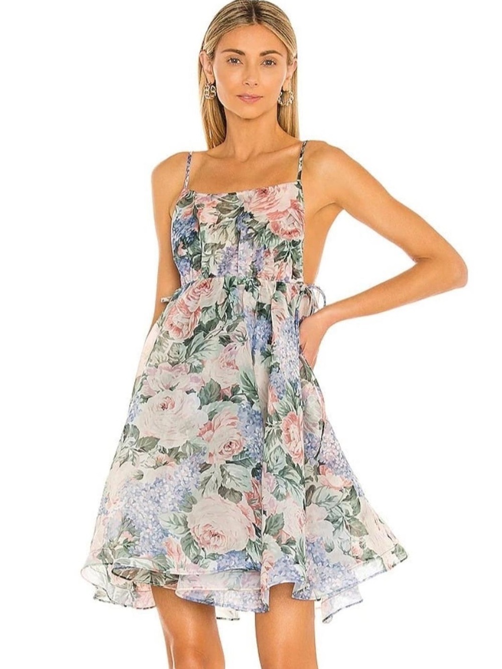 Selkie Floral Print Spaghetti-Strap Sundress in Pastel Pink and Blue